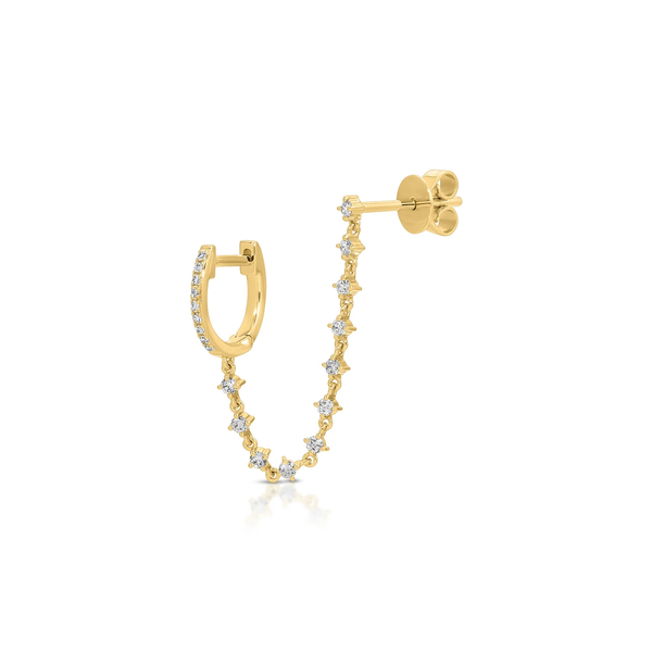 14KY Diamond Mini Huggie & Prong Set Chain Stud Earring