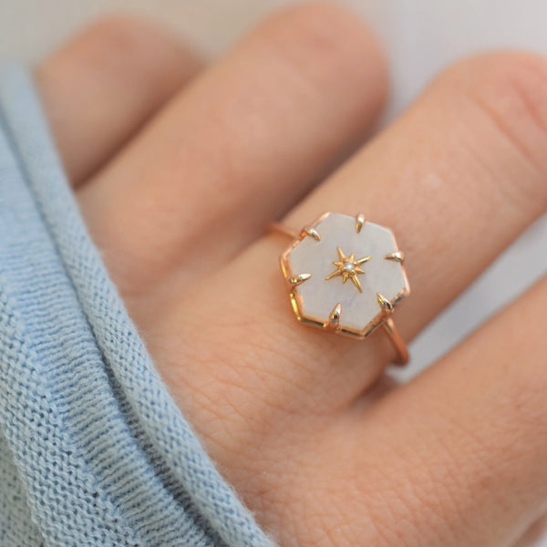 Rose Gold Star Studded Rainbow Moonstone Ring, 7